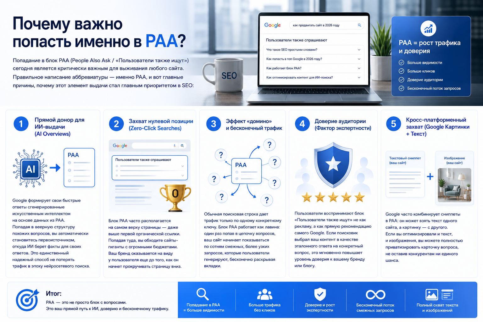 Инфографика 'Почему важно попасть именно в PAA': 5 причин важности блока People Also Ask для SEO в 2026 году