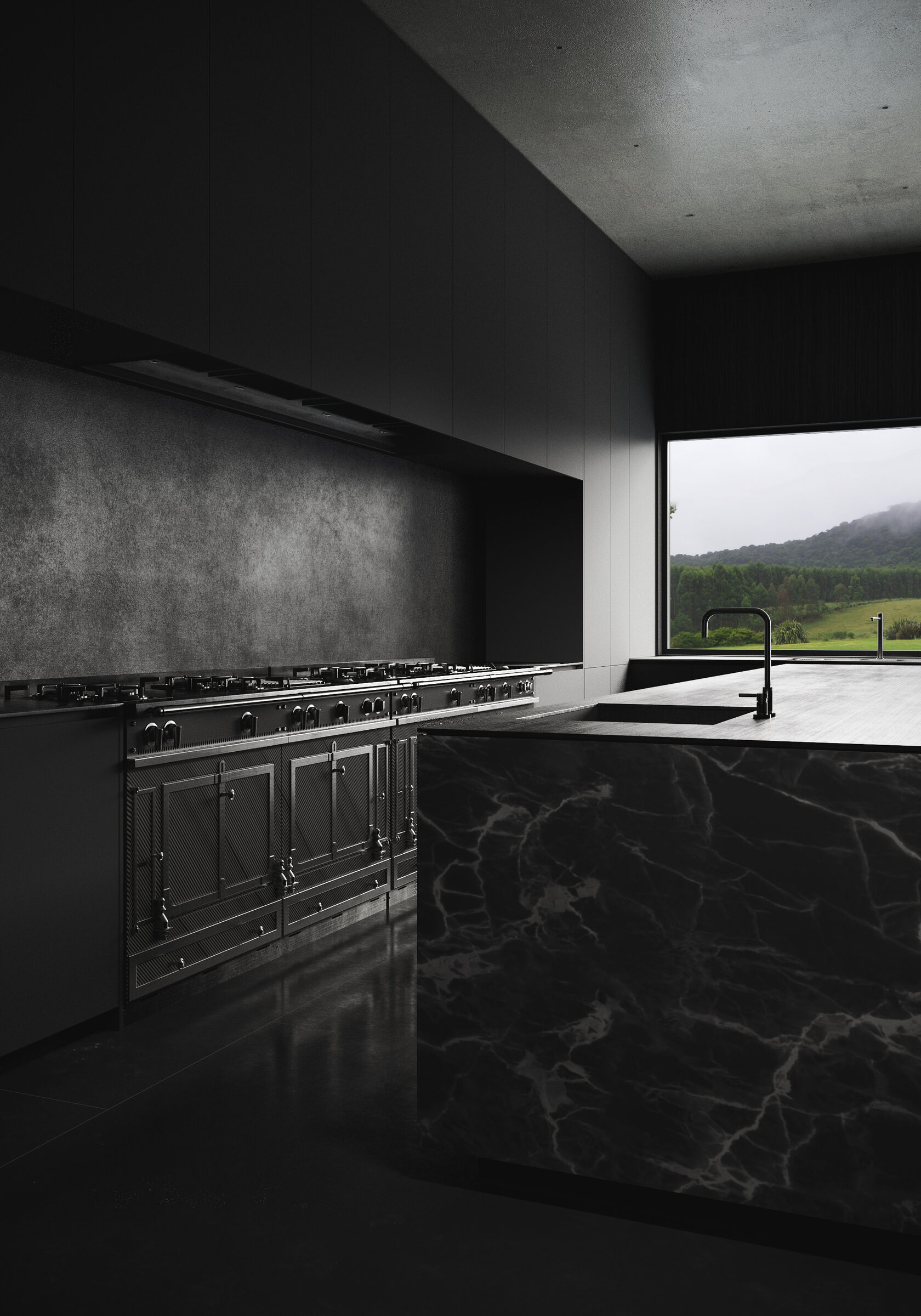 Кожаные пуфы, кресло из коричневой кожи, черный камин