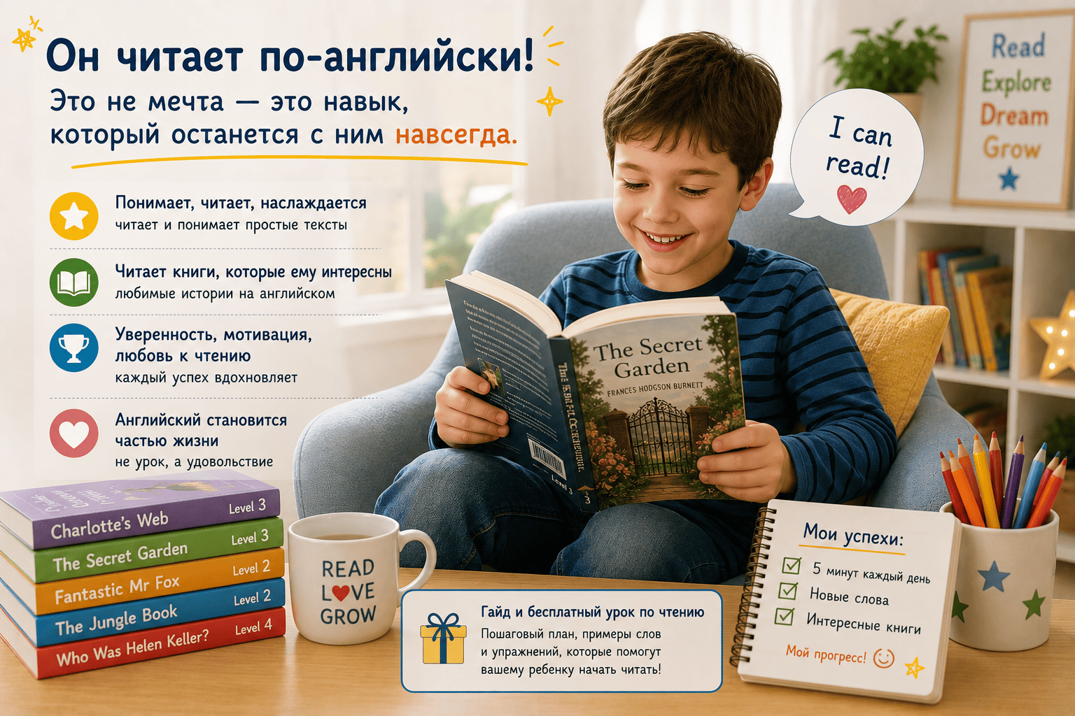 Ребенок самостоятельно и с удовольствием читает книгу на английском