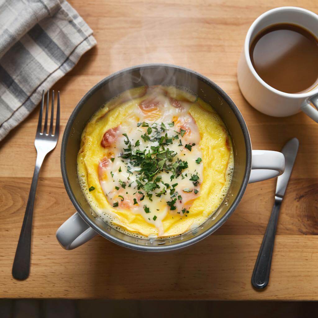 Готовый омлет в микроволновке — пышный, с сыром и зеленью