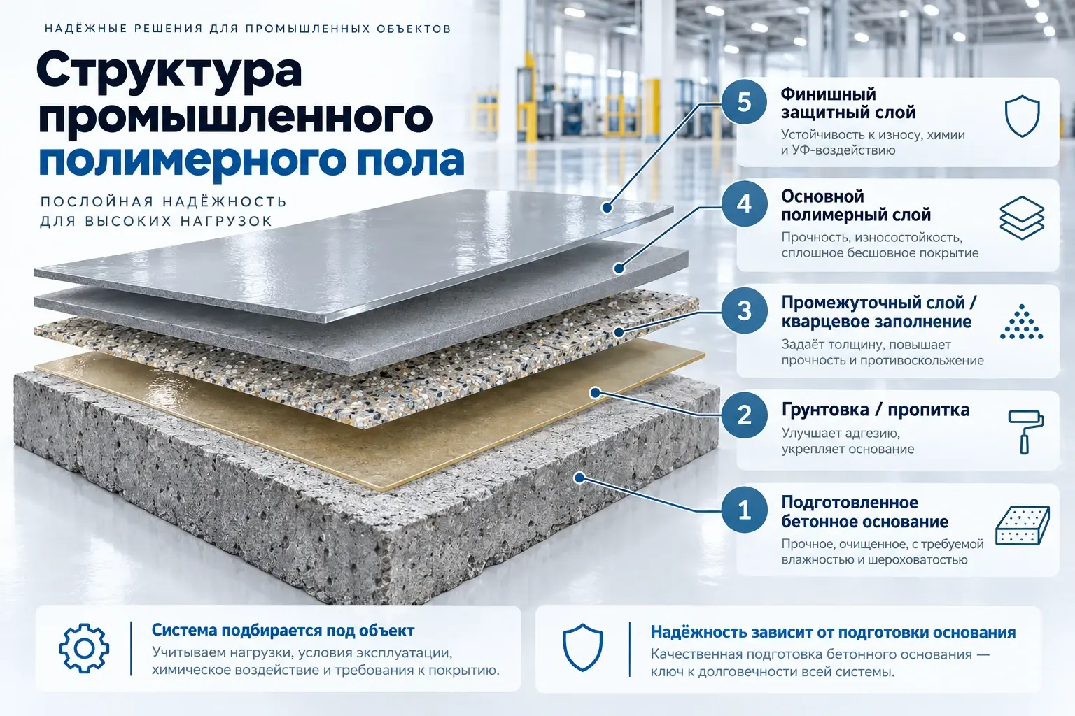 Структура промышленного полимерного пола: основание, грунтовка, промежуточный слой, основное покрытие и защитный финиш