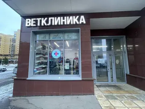 Вход в ветклинику «Ветхэлп» в ЖК Остафьево: вывеска «Ветклиника» над витриной