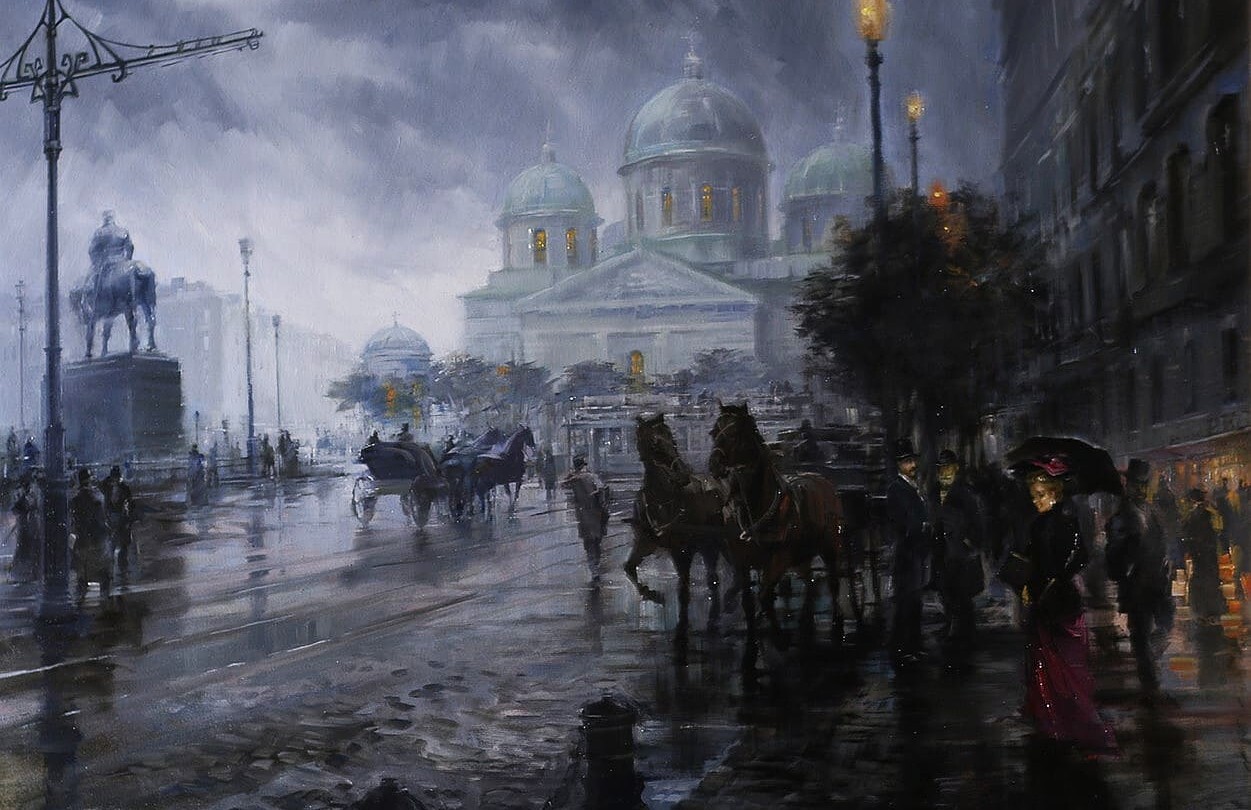 Мрачный городской пейзаж Петербурга XIX века с дождём и каретами — место действия романа «Преступление и наказание»