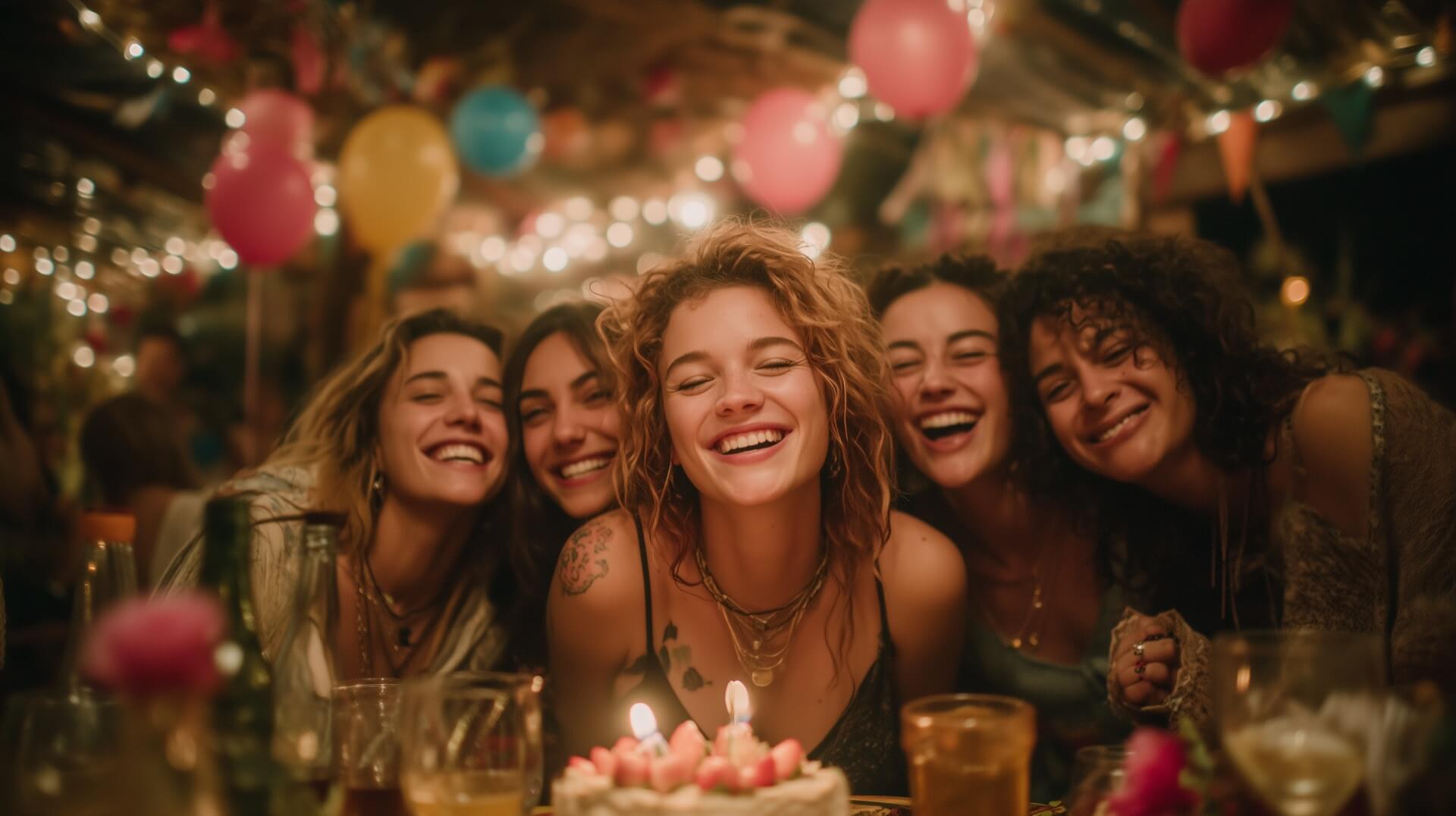 Группа подруг весело обнимает именинницу на праздновании юбилея, все смеются и счастливы.