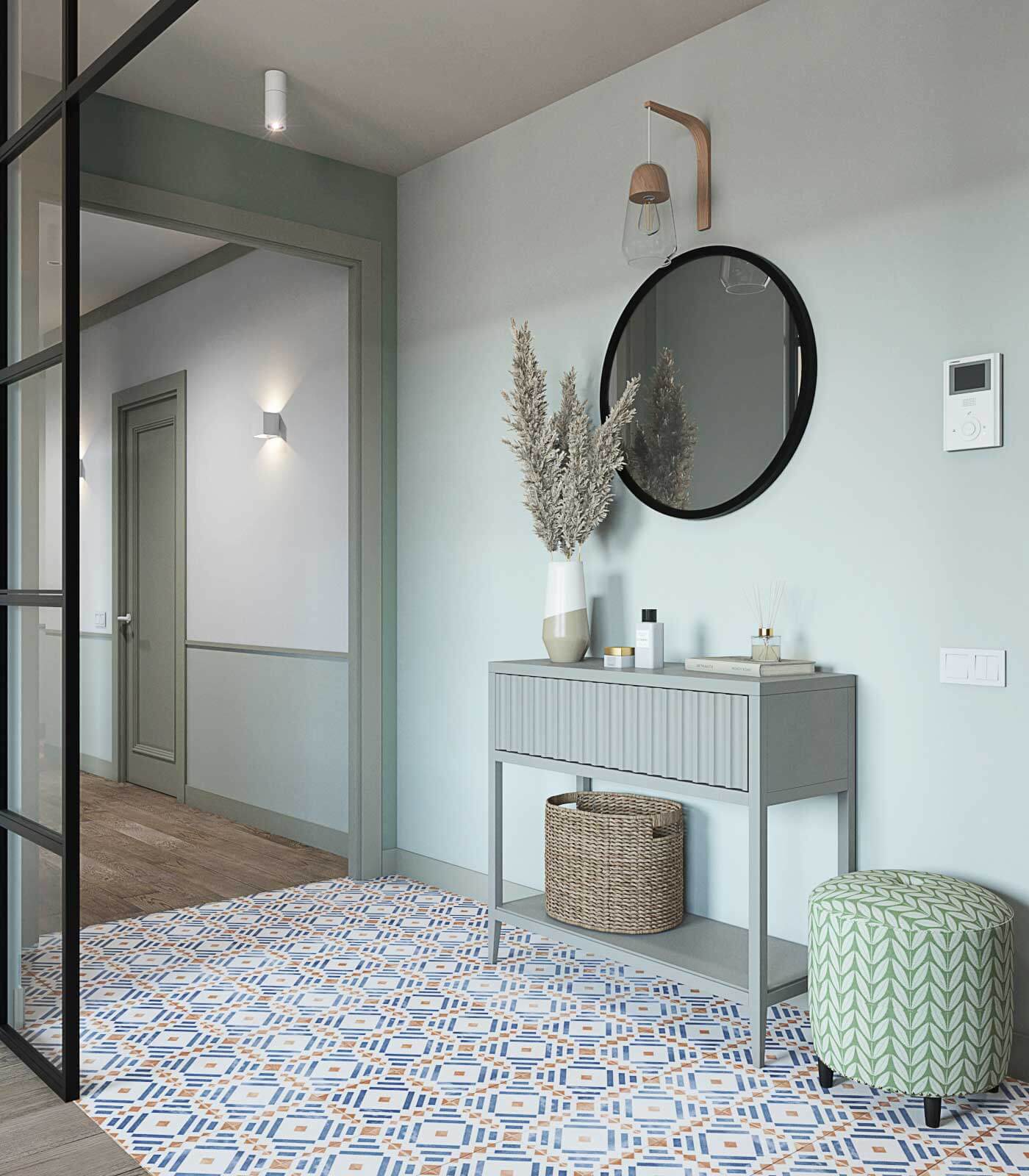 Консоль с зеркалом в прихожей. Светло-зеленый цвет в прихожей