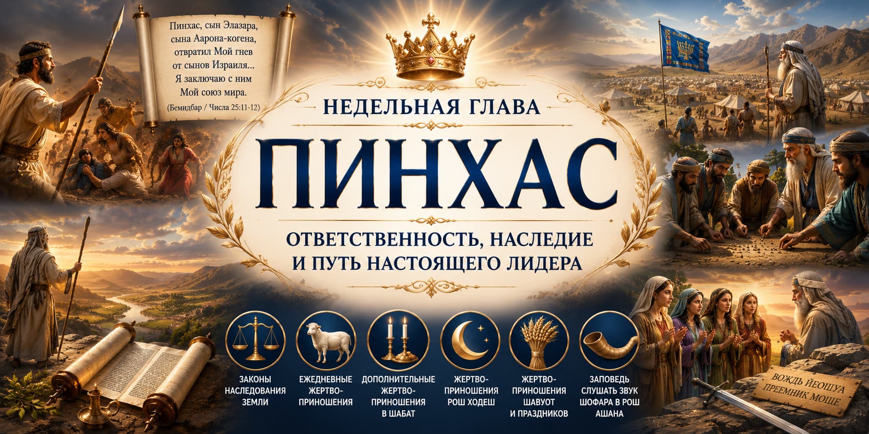 Иллюстрация к недельной главе Торы Пинхас - Пинхас получает союз мира со Вс-вышним символы лидерства наследия и духовной ответственности. На изображении свиток Торы корона древние сцены Израиля Моше и Йеошуа а также темы заповедей и пути настоящего лидера