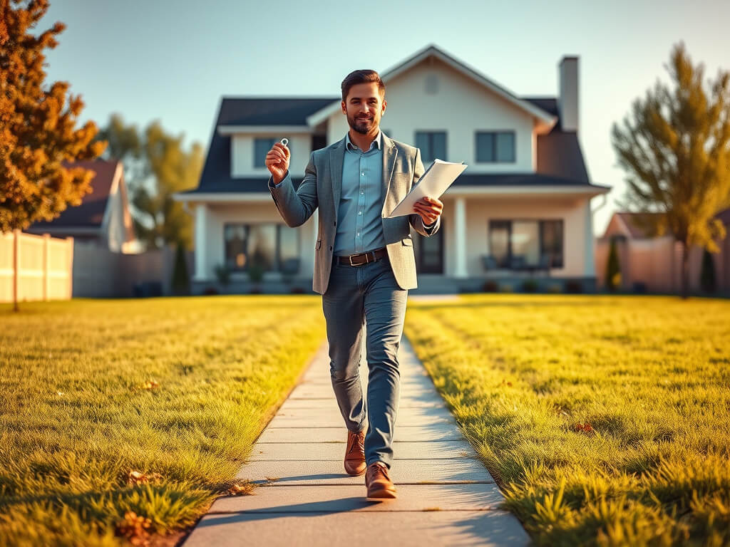 Молодой человек идет по узкой тропинке, его шаги легки и уверены. В руках он крепко сжимает связку ключей, их металлический блеск немного отражает свет закатного солнца. Взгляд его устремлен вперед, а на заднем плане виднеется его дом — уютное здание, скр