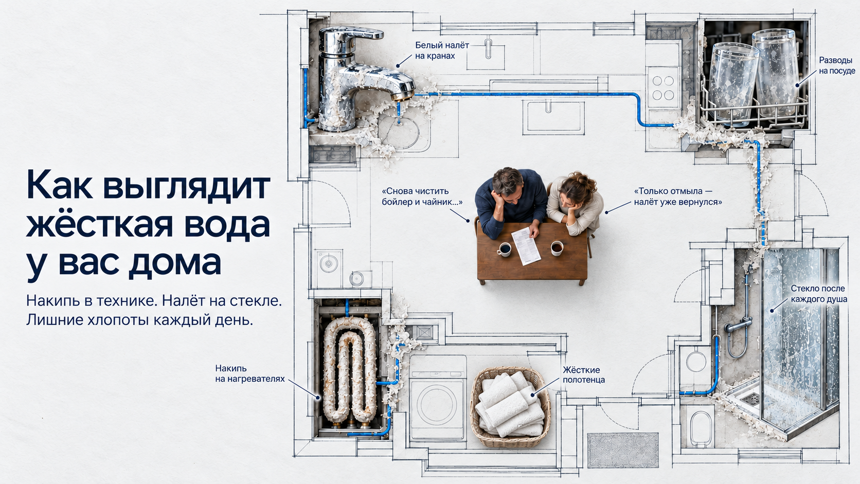 Как выглядит жёсткая вода у вас дома: налёт на кранах, накипь на нагревателях, разводы на посуде и стекле, жёсткие полотенца