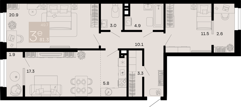 Трёхкомнатная квартира 81.3 м²