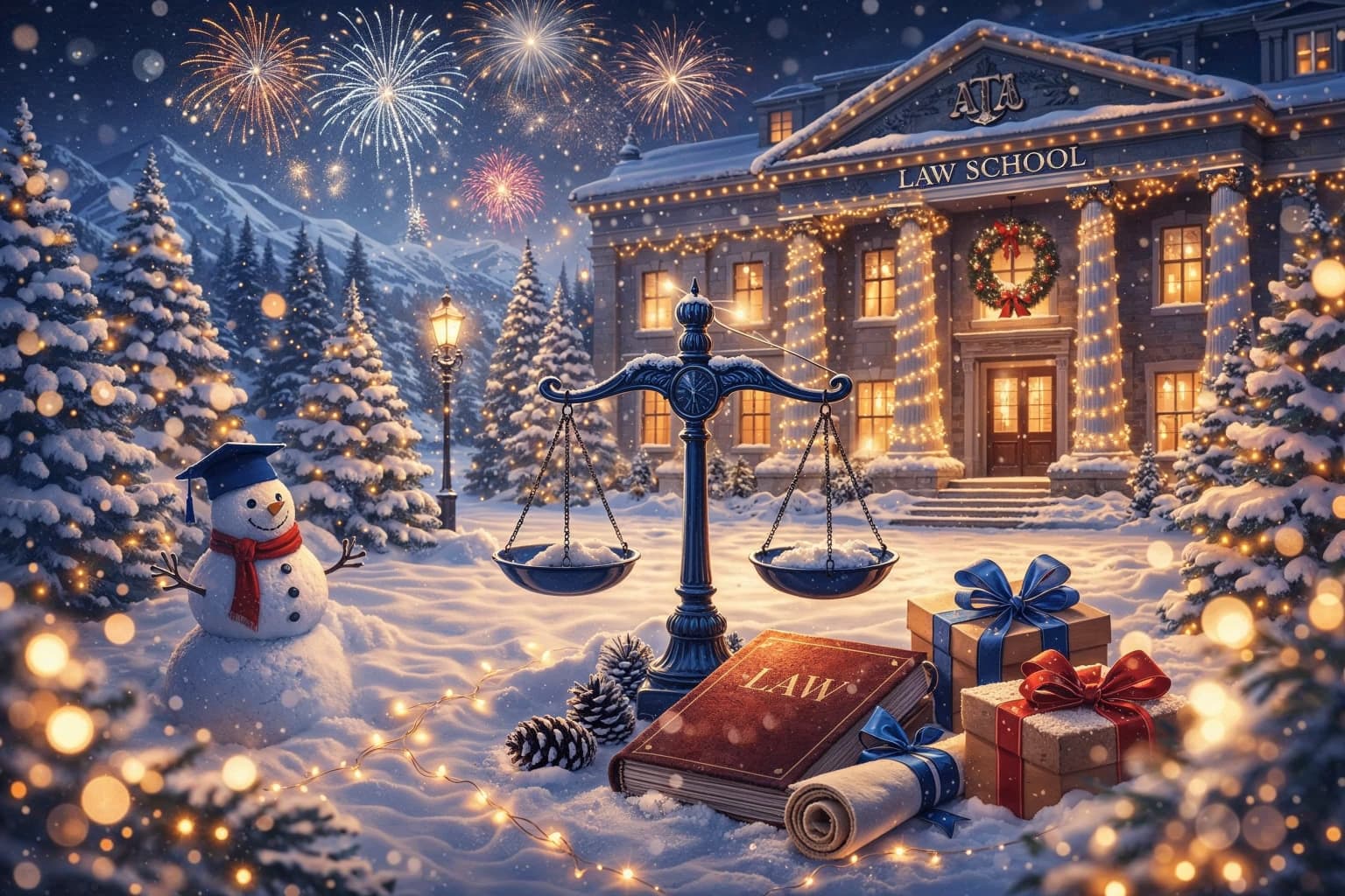 Новогоднее поздравление от Школы права Либерфорд — зимний город, праздничный свет и атмосфера начала нового года