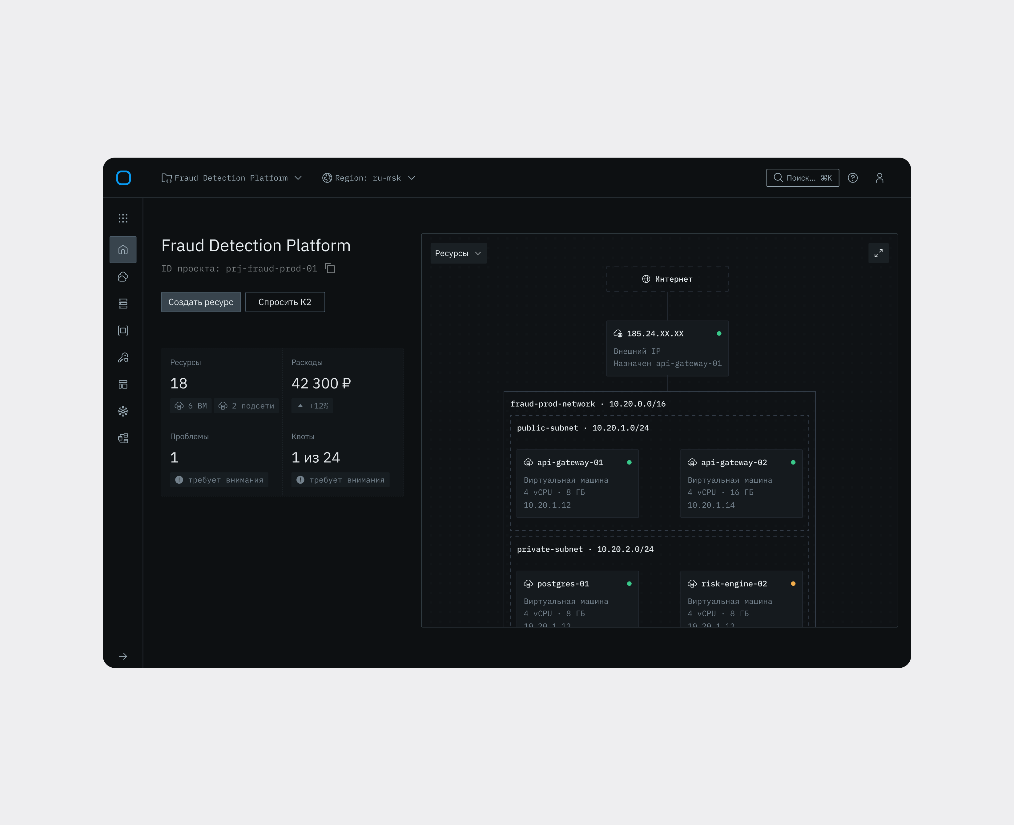 Интерфейс облачной консоли K2 Cloud