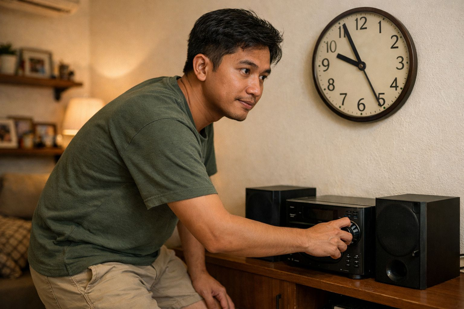 Pria menurunkan volume perangkat audio di rumah sebagai ilustrasi menjaga suara agar tidak mengganggu tetangga