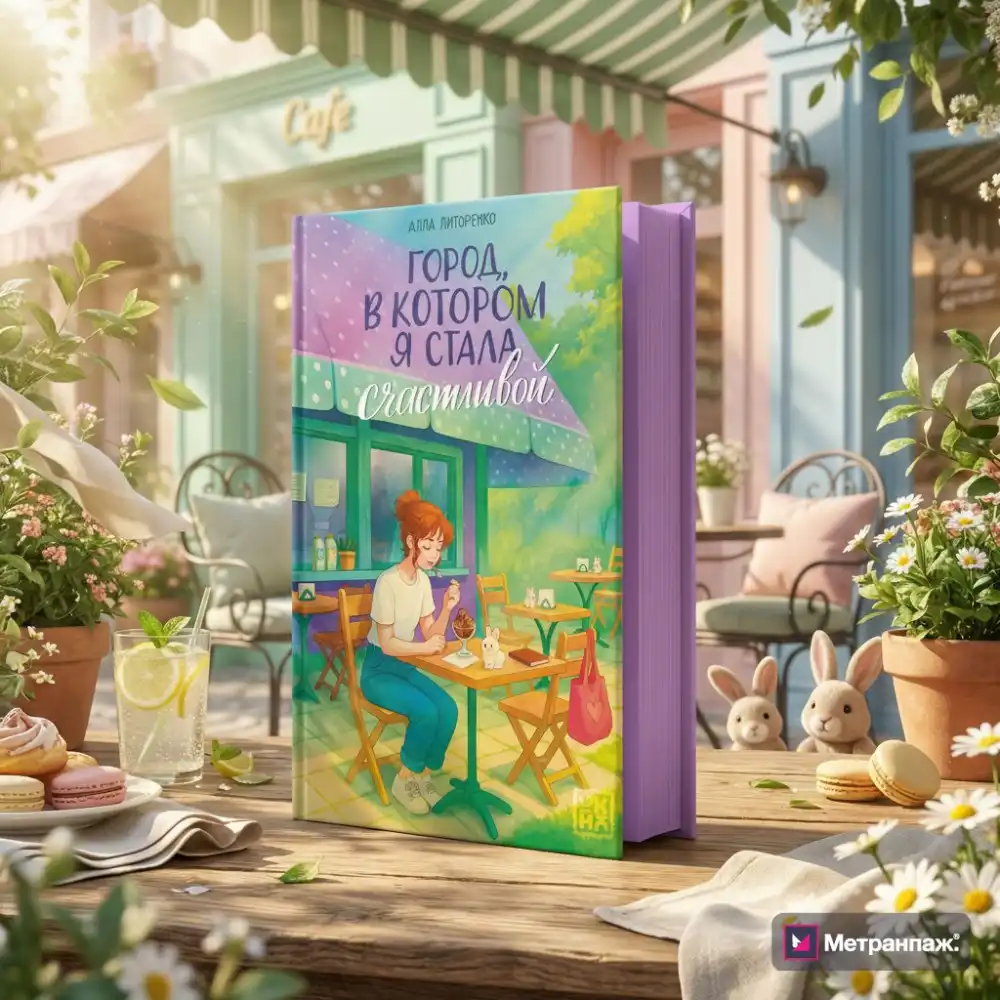 Мокап книги в летнем кафе среди цветов и сладостей