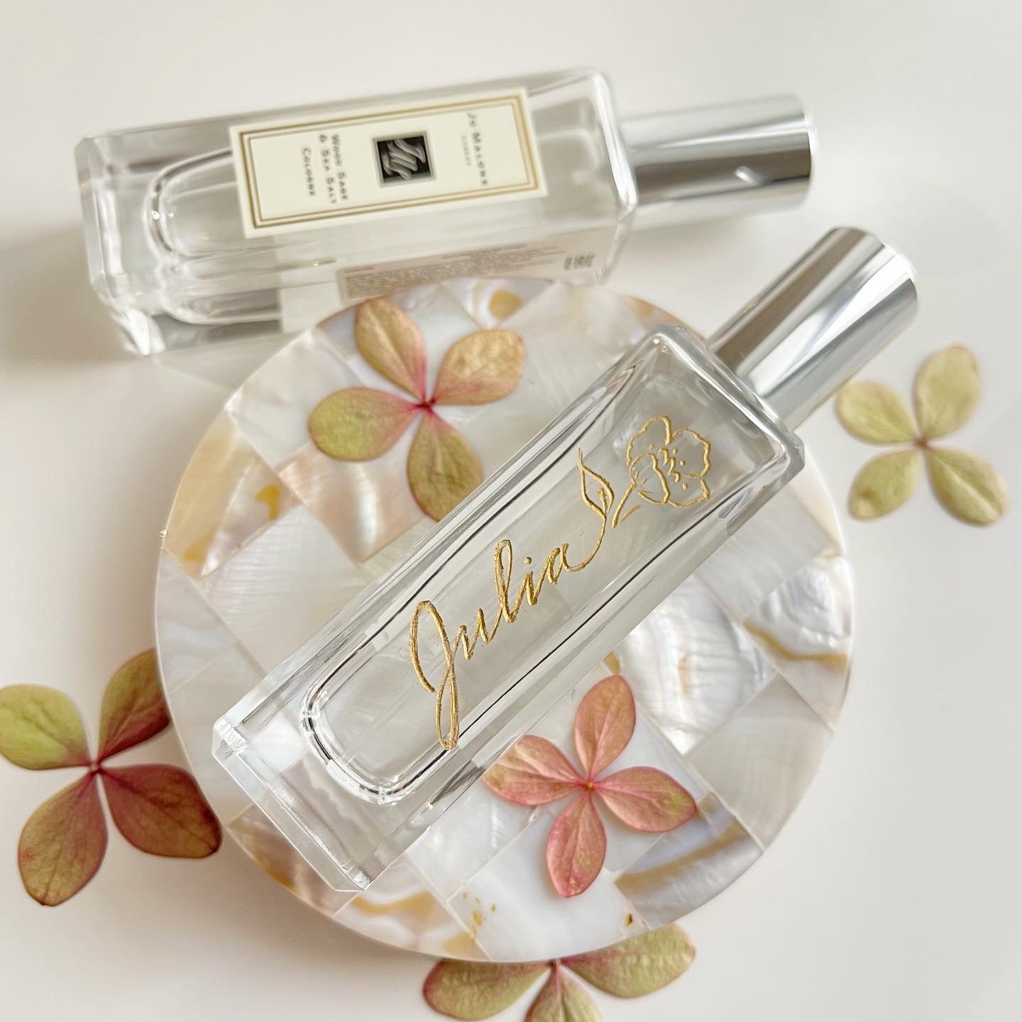 Engraved name on perfume bottle with gold fill