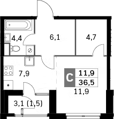 Студия C — 36,5 м²