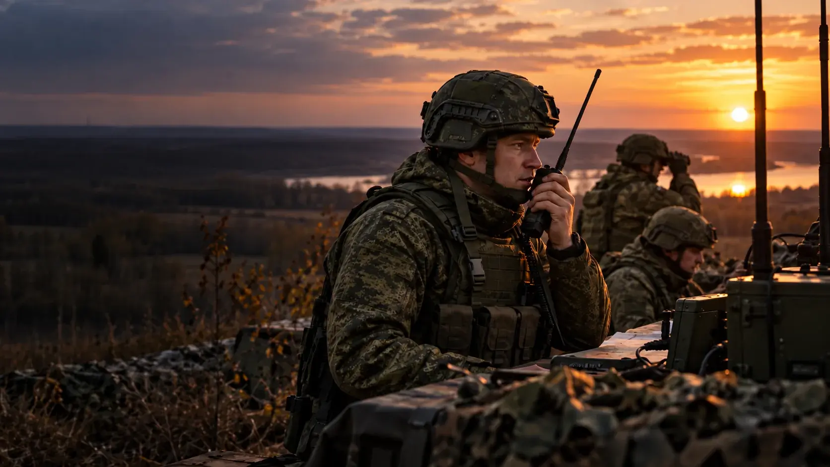 Военнослужащий с радиостанцией на фоне вечернего неба