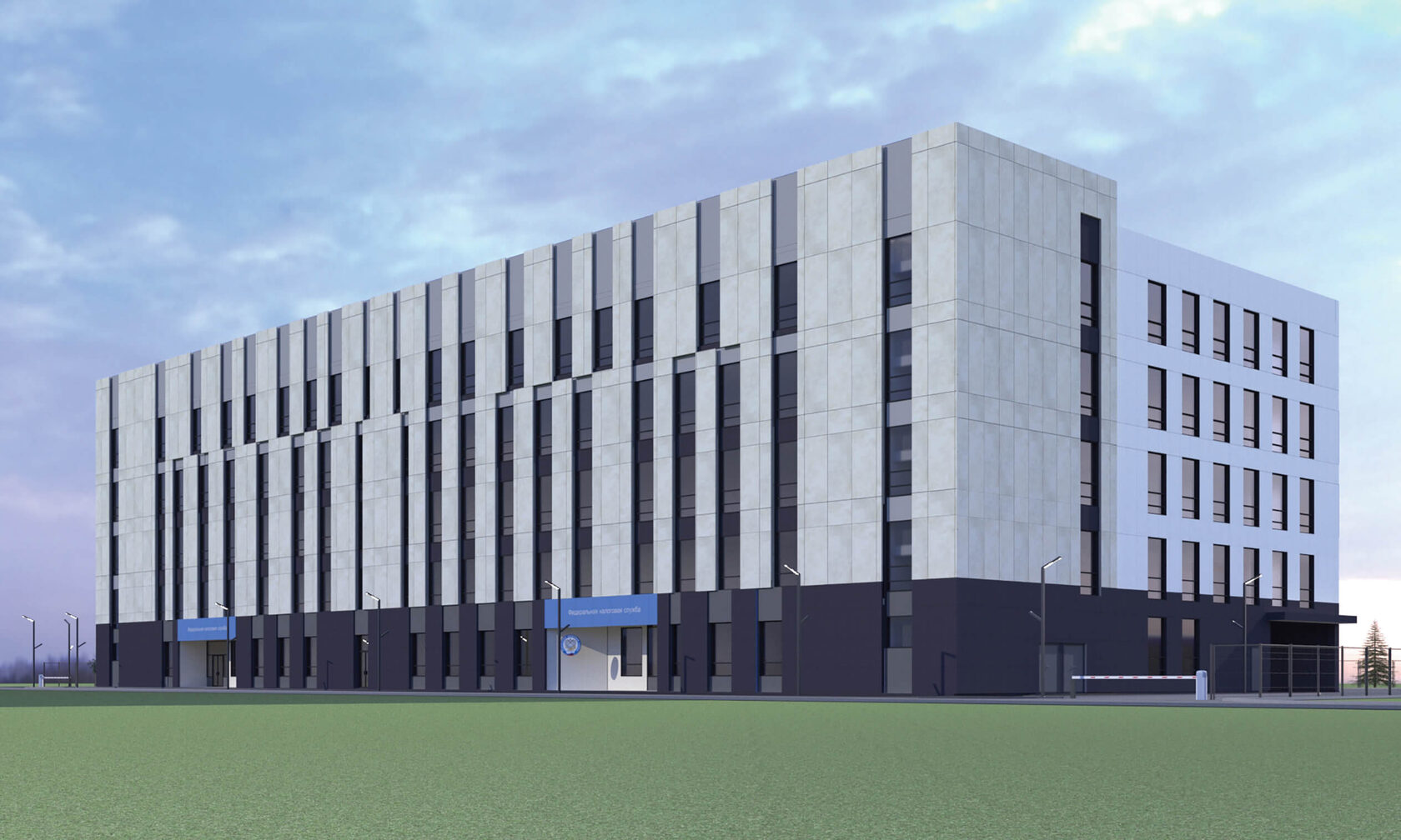 Проект здания суда: внешний вид, главный вход и общественная площадь перед зданием