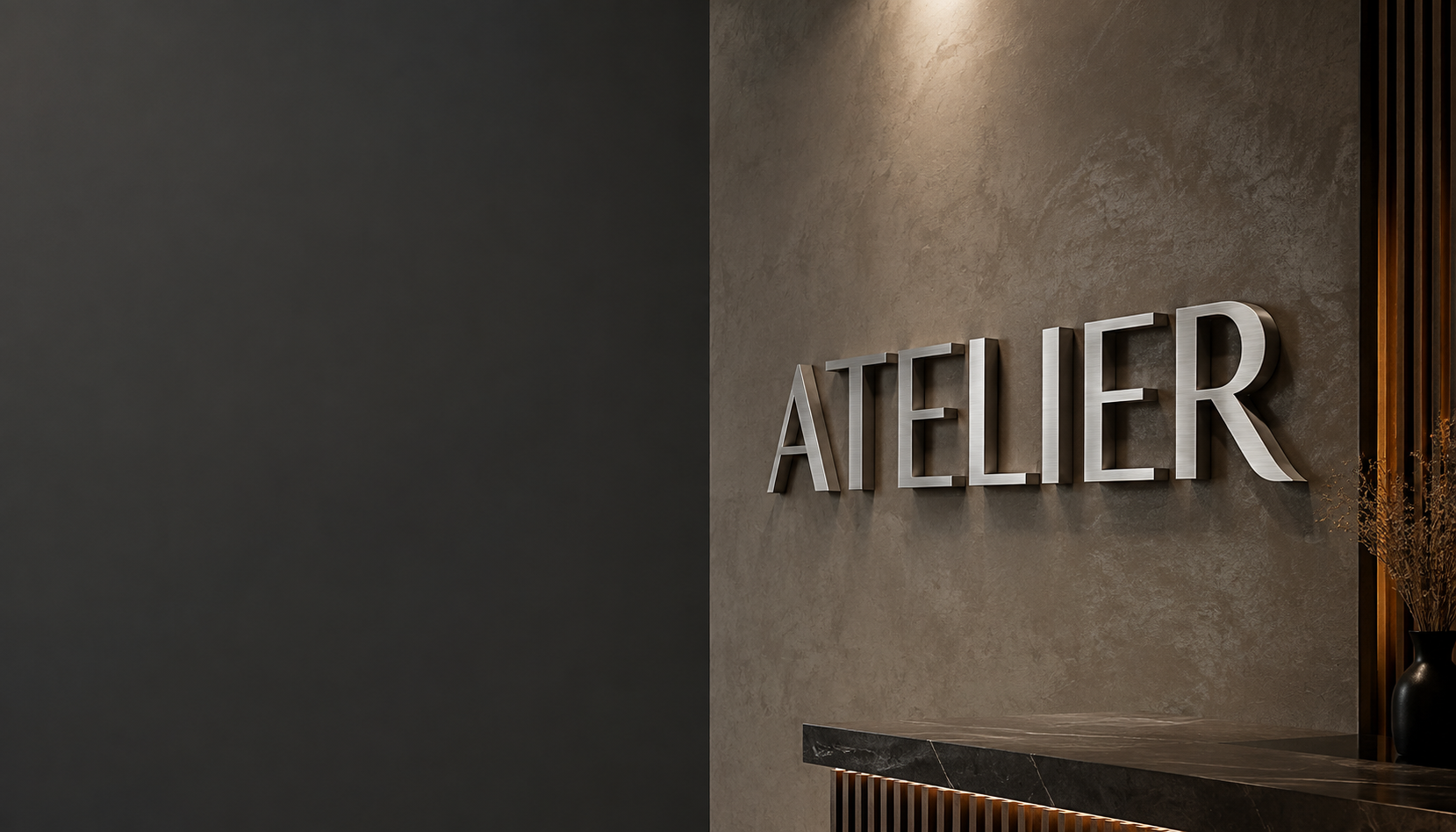 3D Рендер — металлическая надпись ATELIER