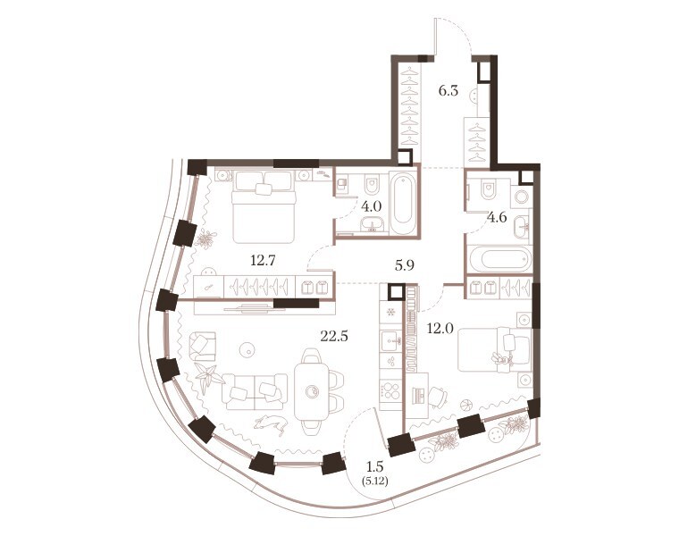 Планировка: 2-комнатная квартира 69,5 м² в ЖК «МУЗА», корпус 1, 4-й этаж