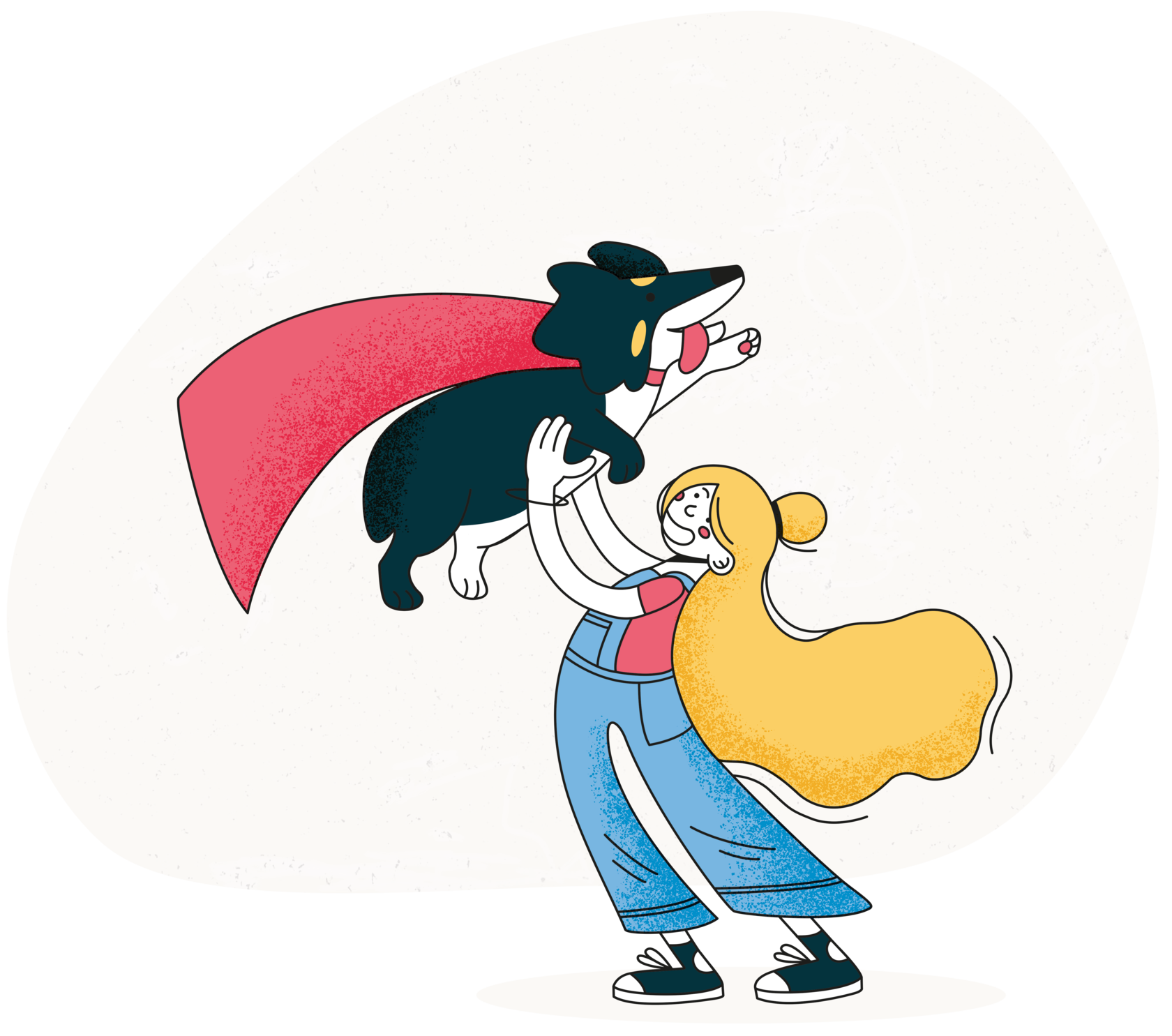 Хозяйка собаки и собака супергерой радуются