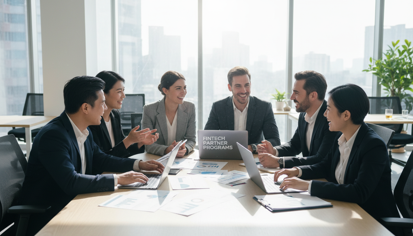 Profesionales inmersos en una dinámica discusión sobre programas de socios en el sector fintech. 