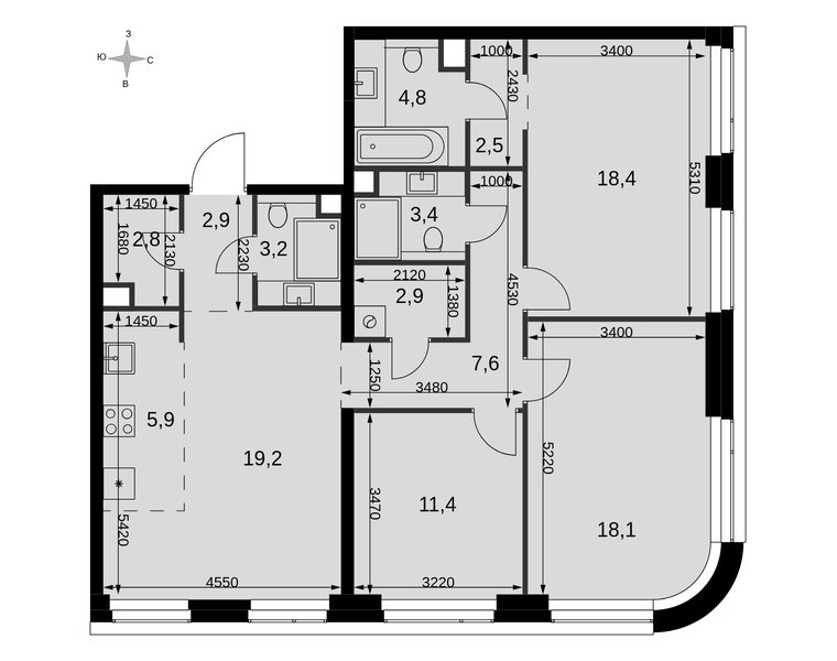Планировка 4-комнатной квартиры 103,1 м² в ЖК «Амбер Сити»: корпус 4, секция 1, 40-й этаж