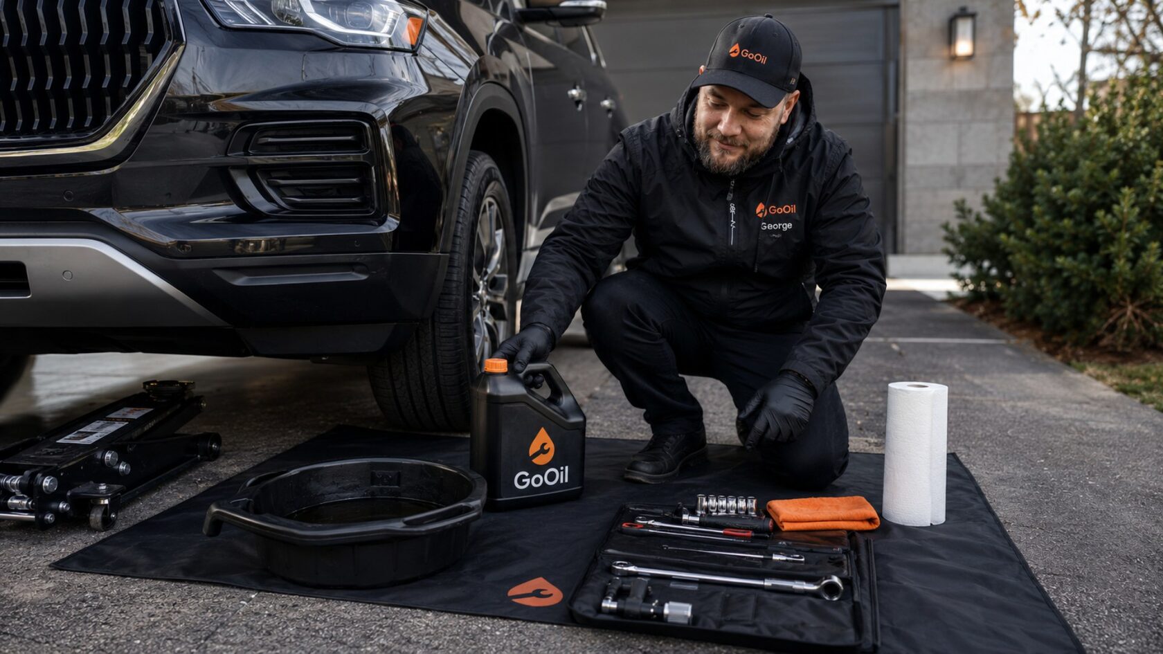Clean mobile oil change setup with tools drain pan and service mat