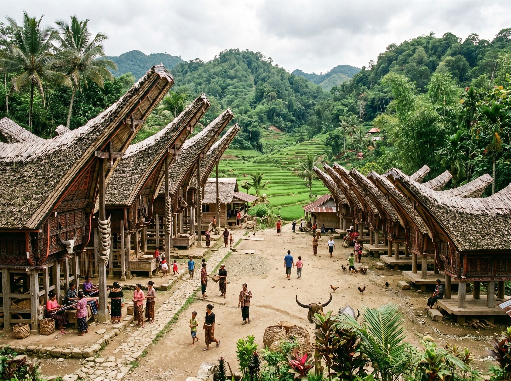 Desa tradisional Toraja dengan rumah Tongkonan dan lumbung alang