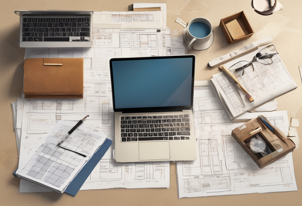 Название: рабочий стол с чертежами склада, ноутбуком с конфигуратором стеллажей и чек-листами - описание: рабочий стол с чертежами склада, ноутбуком с конфигуратором стеллажей и чек-листами