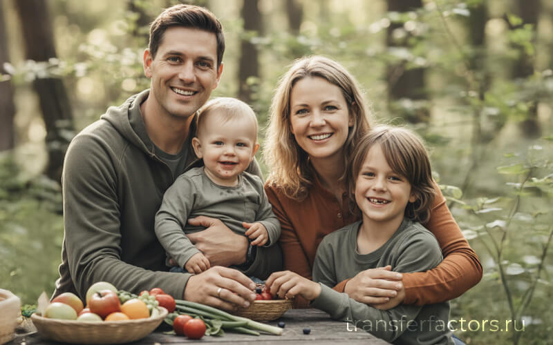 Семья на пикнике в лесу с фруктами и ягодами на столе — образ ежедневных привычек и заботы о себе; 4Life Transfer Factor