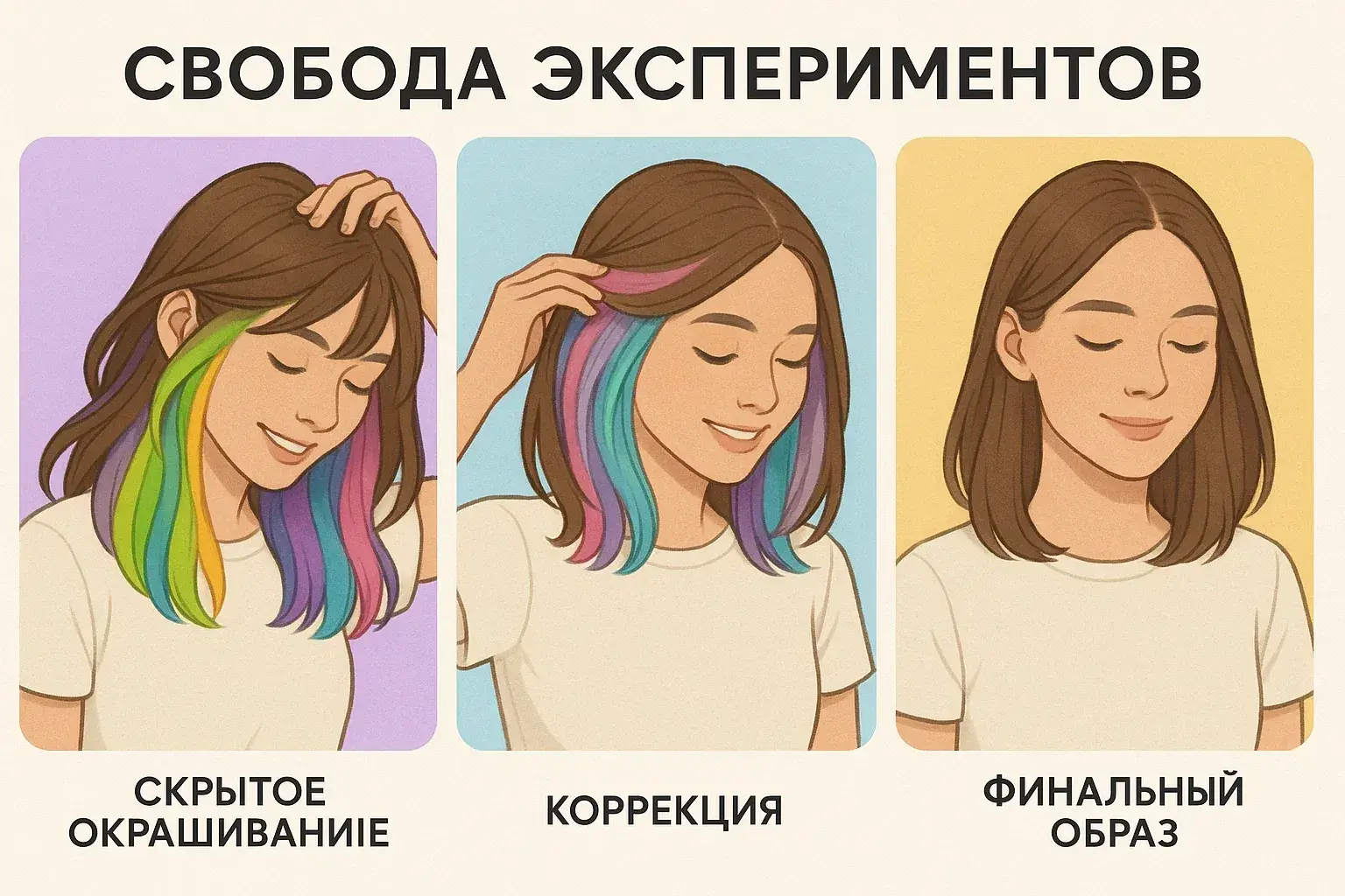 Свобода экспериментов с волосами: скрытое окрашивание, коррекция ярких прядей и финальный натуральный образ.