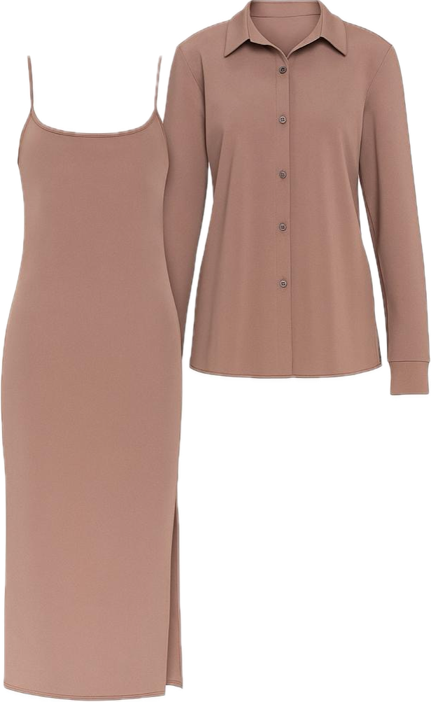 платье бежевое с накидкой рубашкой