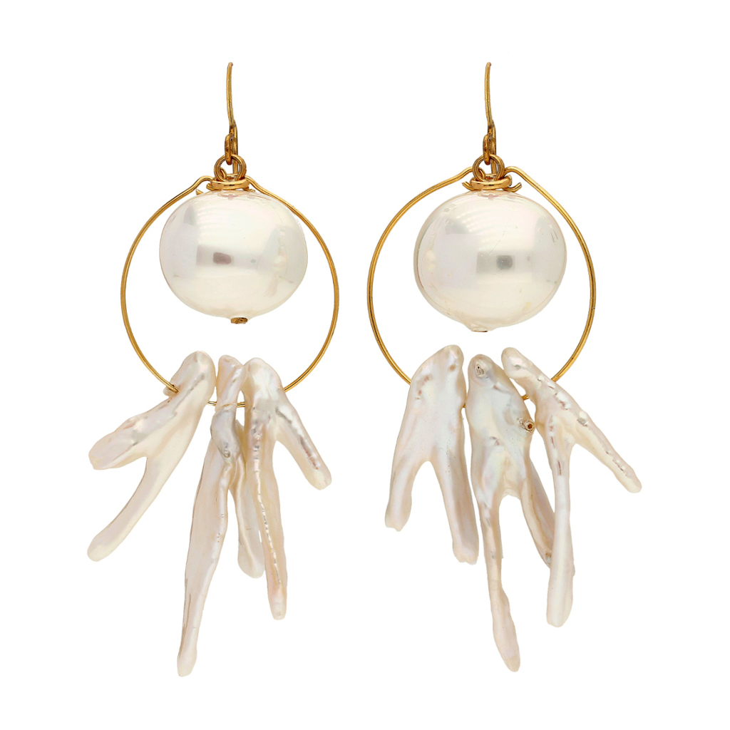 Round chandelier earrings with oval pearl &amp;amp; wild pearls branches hanging from a medium size fine loop