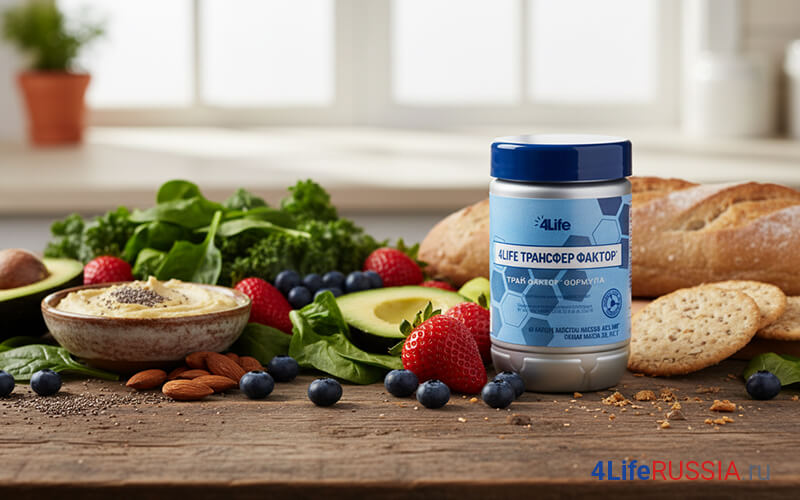 Банка 4Life Transfer Factor на столе рядом с продуктами для иммунитета (зелень, ягоды, авокадо, орехи, хлеб)