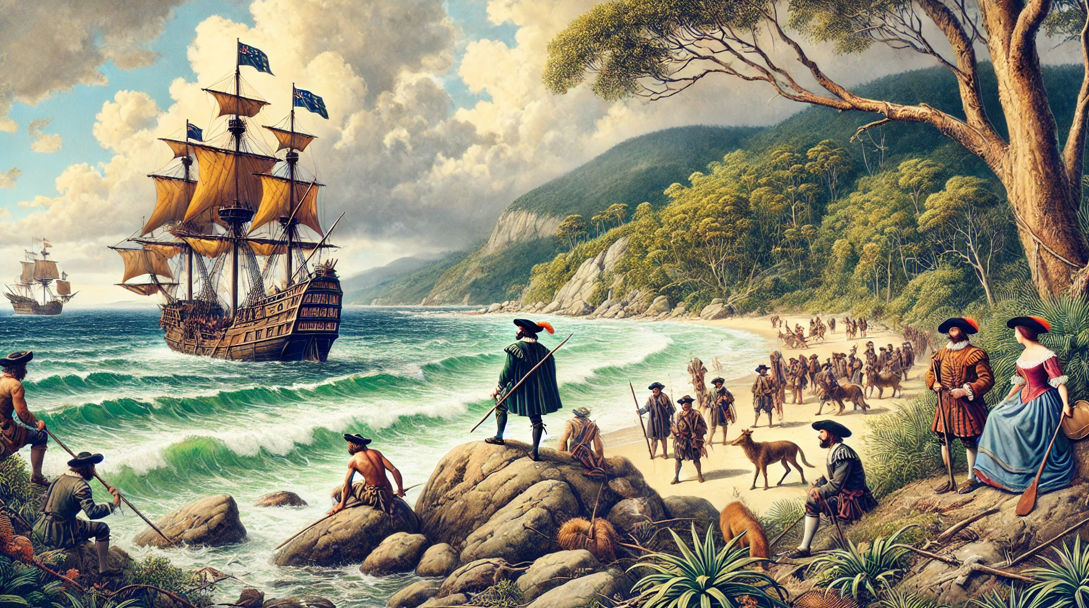 Абел Тасман на побережье Тасмании наблюдает за отплывающими кораблями экспедиции