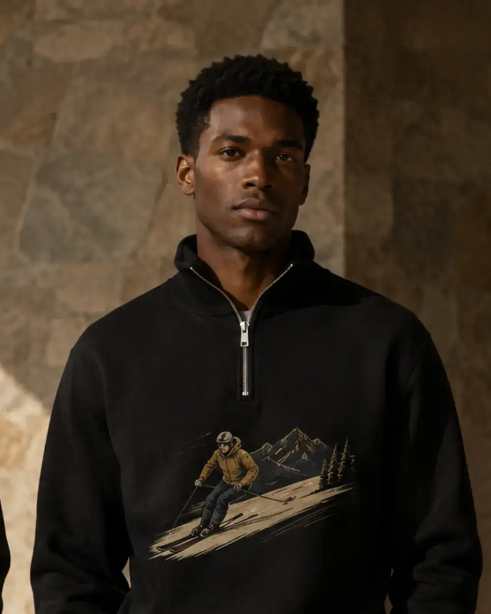 Чёрный свитшот quarter-zip с горнолыжным принтом