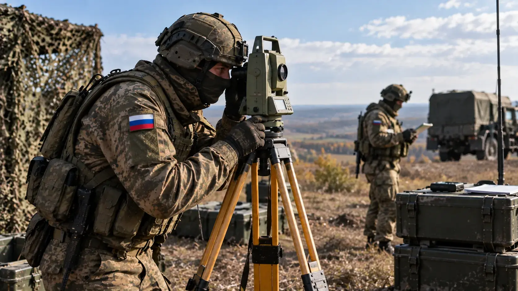 Военный геодезист работает с геодезическим прибором на полевой подготовке