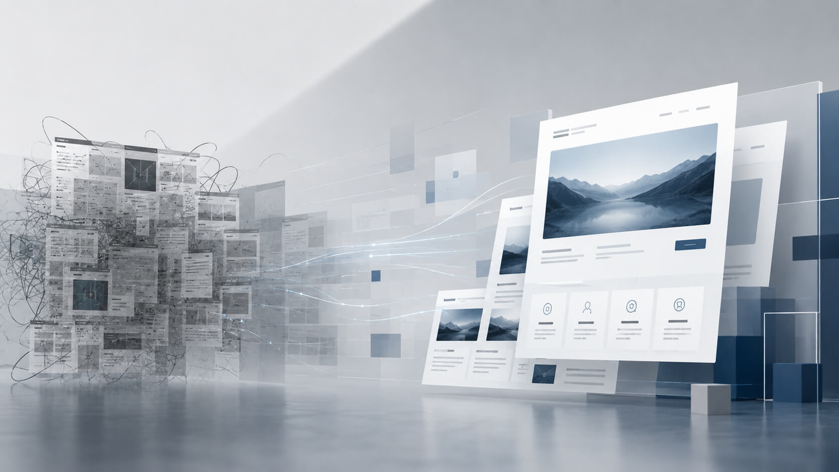 Abstract website rebuild concept showing an outdated business website being reorganised into a cleaner modern structure