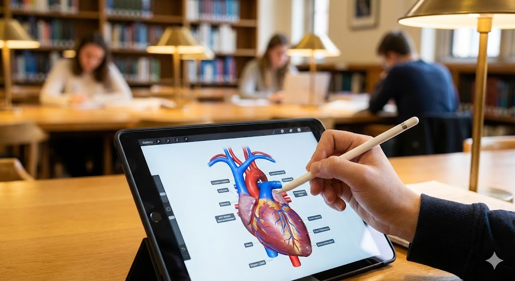 Студент изучает 3D-модель клетки на планшете в День образовательных технологий