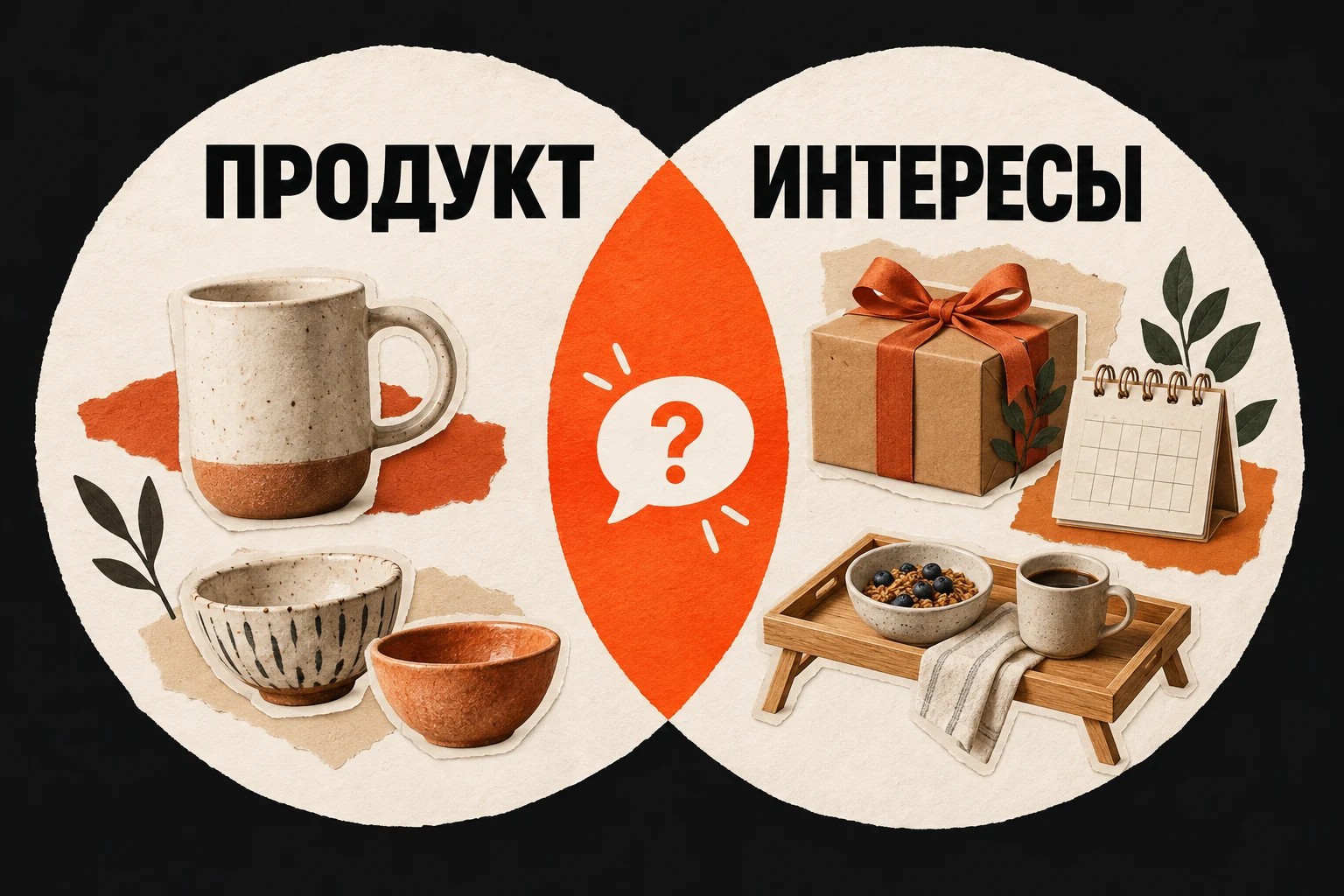 Керамическая кружка, подарок и свободное время как разные контексты для будущих публикаций.
