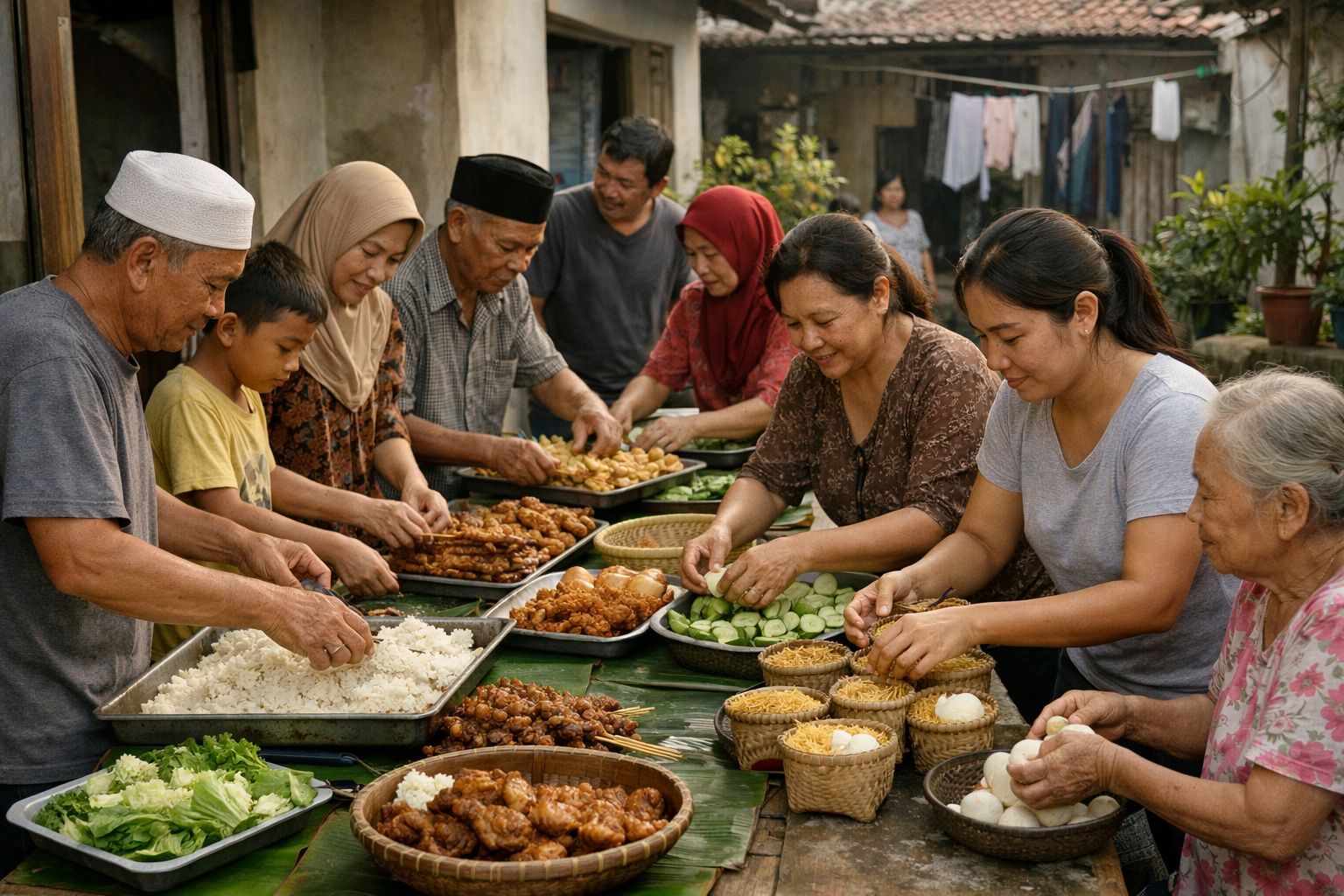 Ilustrasi warga Indonesia menyiapkan hidangan bersama untuk tradisi selamatan sebagai simbol syukur, kebersamaan, dan solidaritas sosial