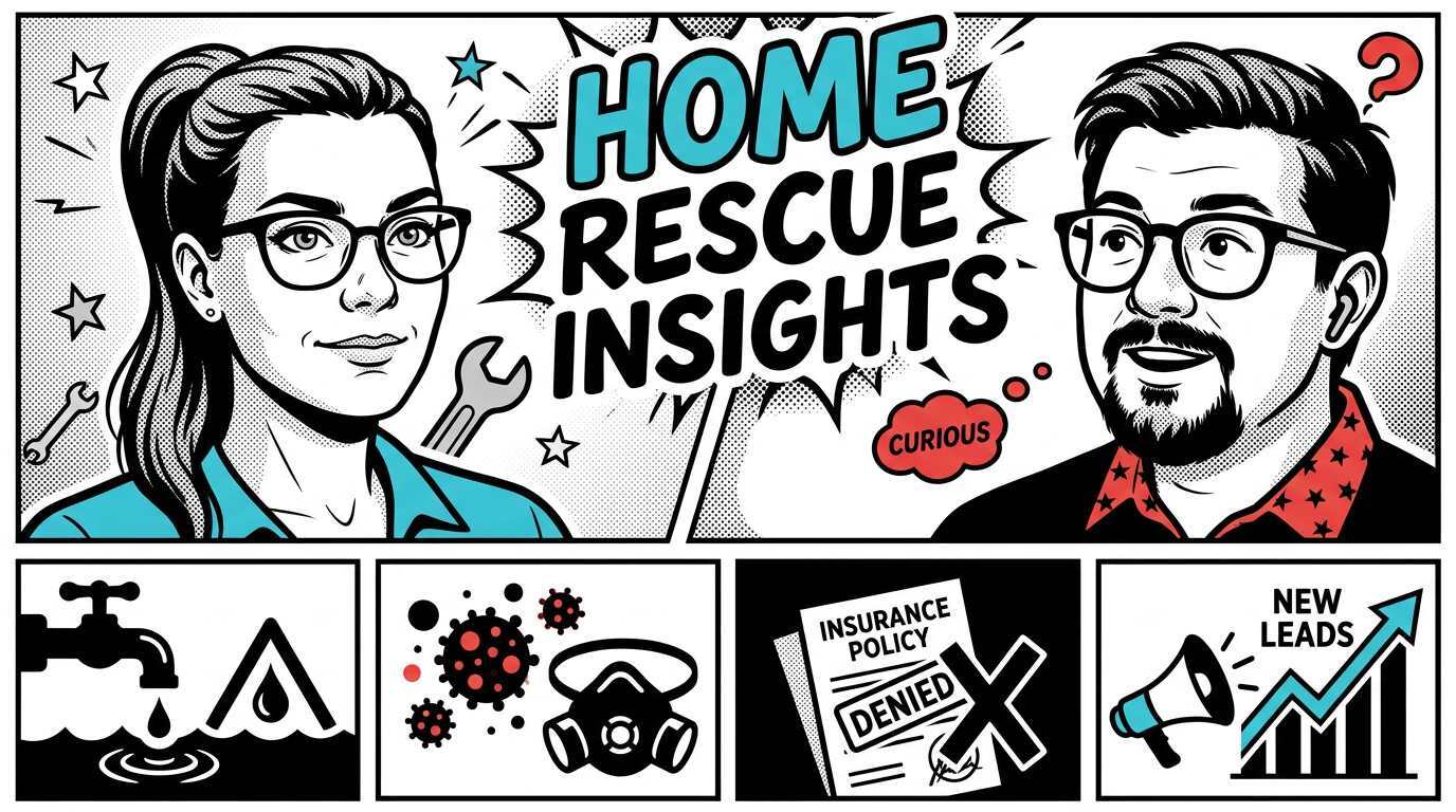 Home Rescue Insights podcast style illustration about water damage, mold remediation, insurance claim denial, and generating new leads for home service businesses in Washington DC, Maryland, and Virginia
