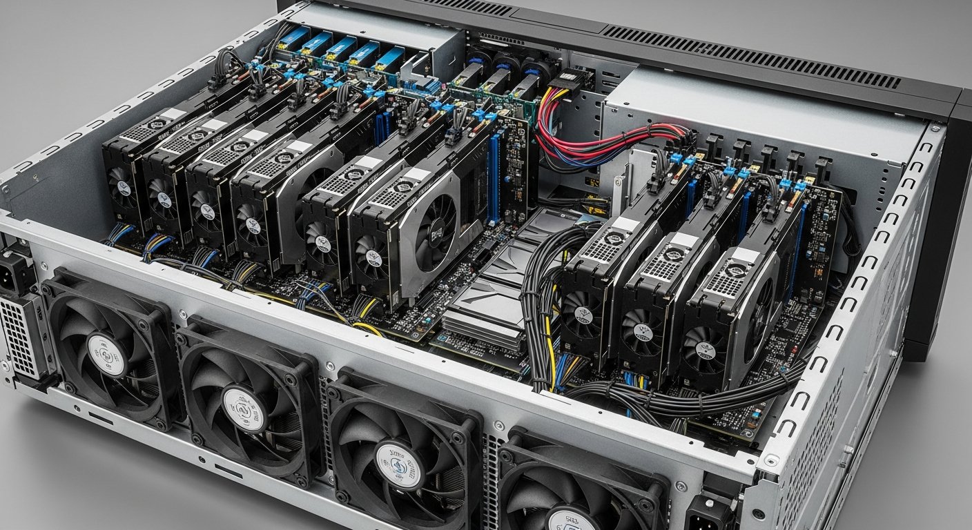 Внутренность 4U-сервера с множеством установленных GPU-ускорителей и крупными осевыми вентиляторами охлаждения