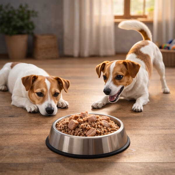 Две собаки породы джек-рассел терьер рядом с миской гречневой каши с мясом: одна лежит спокойно и смотрит на еду, другая игриво выгнула спину и приглашает к игре.