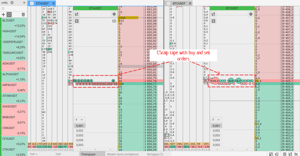 The order book in the CScalp trading terminal is used to catch a falling knife