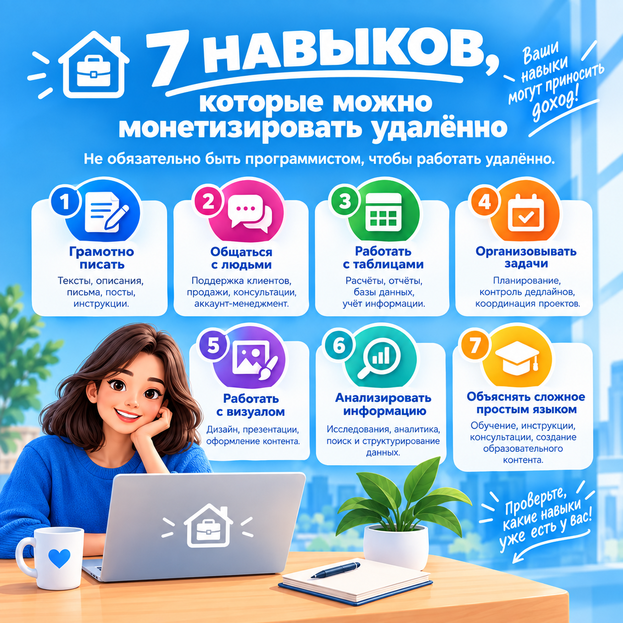 7 навыков, которые можно монетизировать удалённо: письмо, общение, работа с таблицами, организация задач, визуал, анализ информации и объяснение сложного простым языком