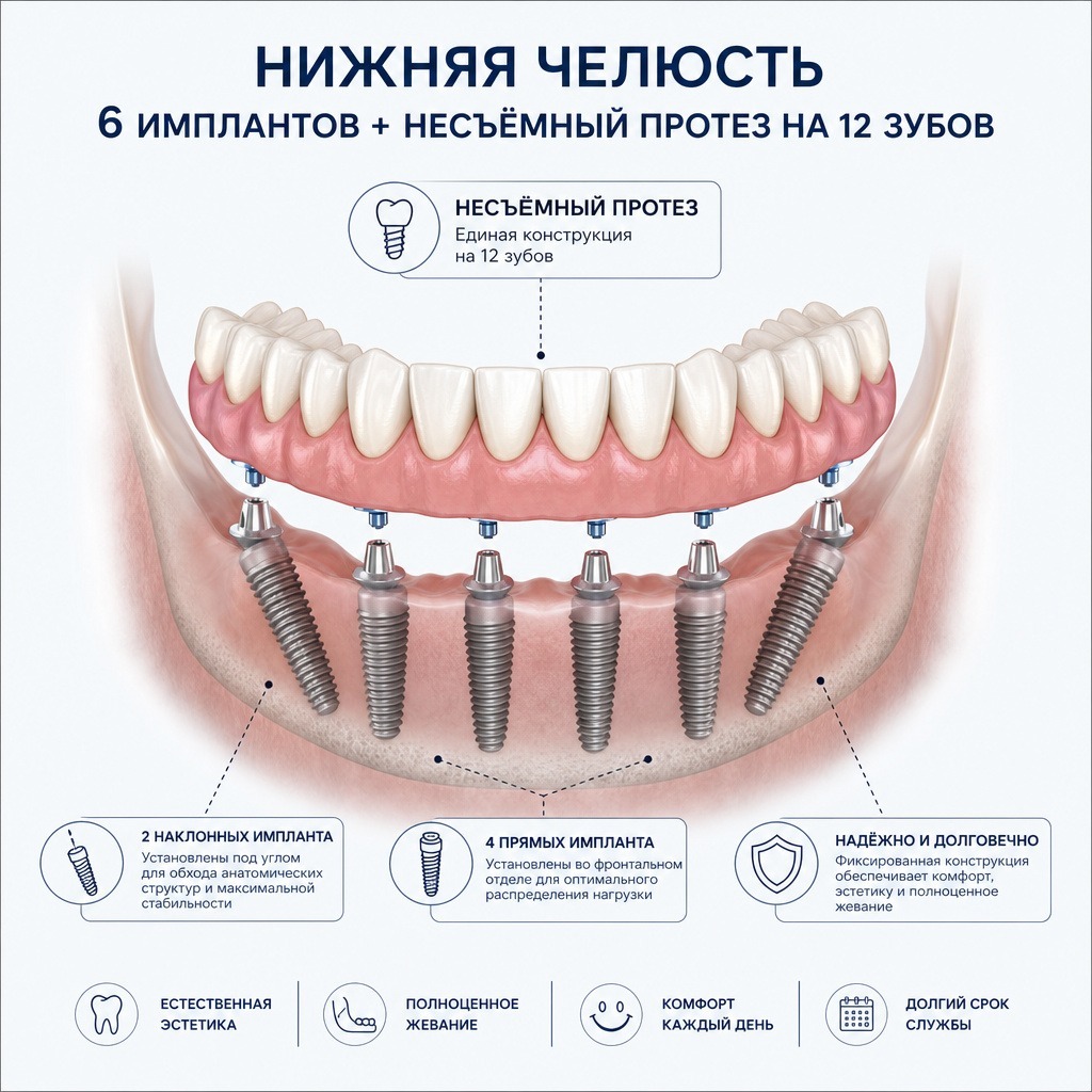 схема нижней челюсти с шестью установленными имплантами — четыре прямых во фронтальном отделе и два наклонных по краям, поверх них единый несъёмный протез из 12 зубов