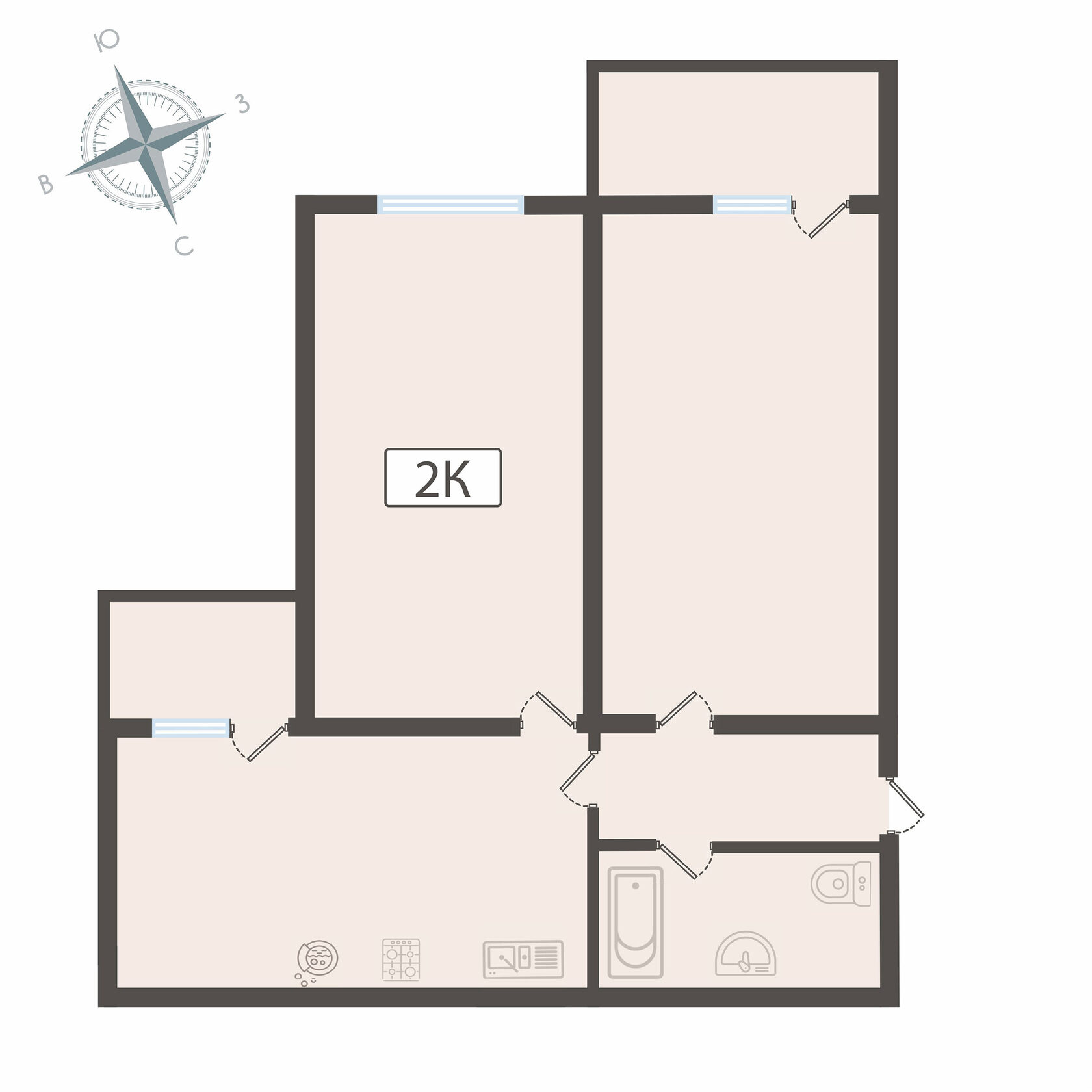 Планировка 2-комнатной квартиры 66 м²