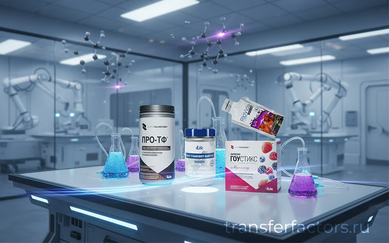 4Life Transfer Factor в разных форматах на лабораторном столе: PRO-TF, RioVida Burst, жевательные пастилки и спрей — варианты поддержки под разные задачи