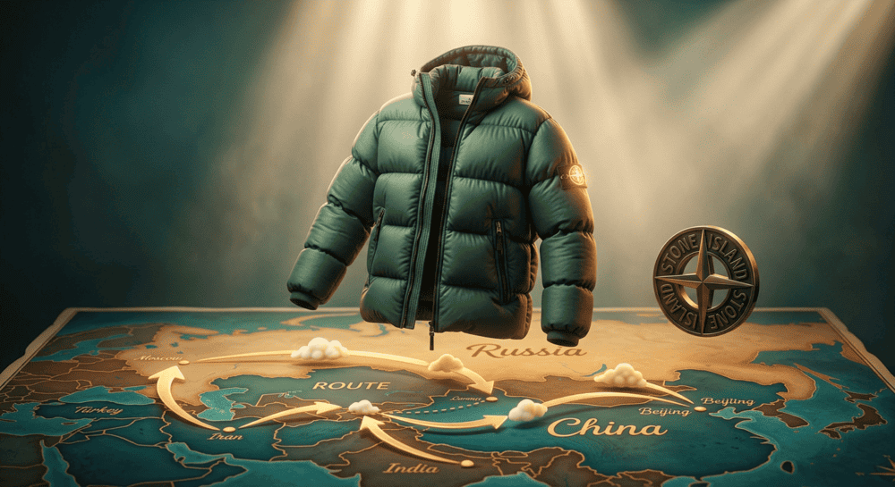 Куртка Stone Island над картой маршрута из Китая в Россию